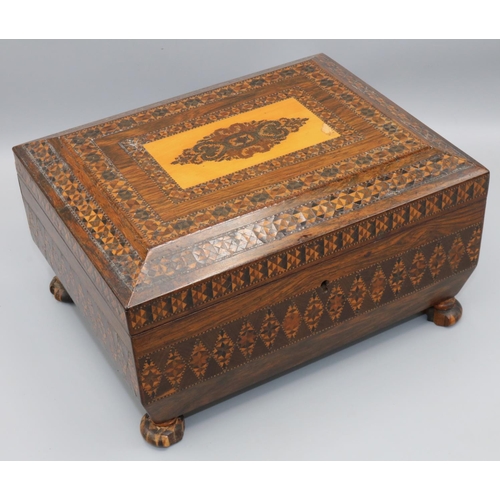 1107 - Victorian Tunbridgeware rosewood sarcophagus shaped sewing box, the hinged cover opening to reveal a... 