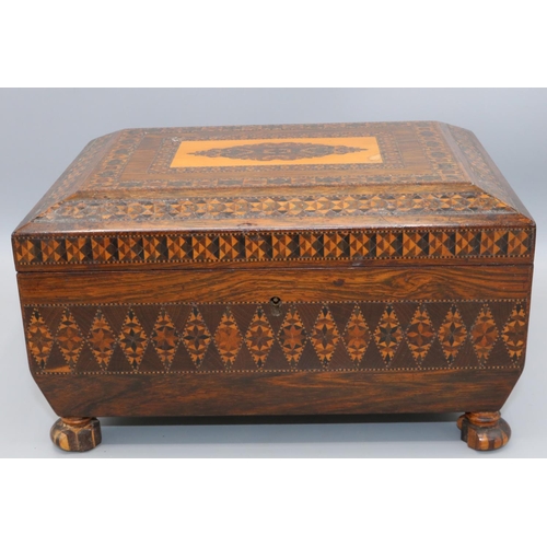 1107 - Victorian Tunbridgeware rosewood sarcophagus shaped sewing box, the hinged cover opening to reveal a... 