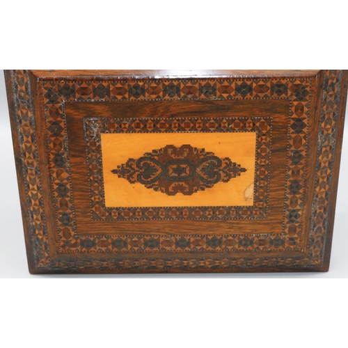 1107 - Victorian Tunbridgeware rosewood sarcophagus shaped sewing box, the hinged cover opening to reveal a... 