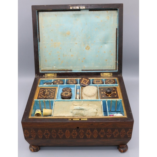 1107 - Victorian Tunbridgeware rosewood sarcophagus shaped sewing box, the hinged cover opening to reveal a... 