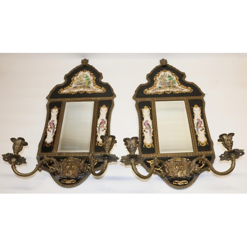 1319 - Pair of French Rococo Revival gilt metal mounted girandole mirrors, crested arched frames with recta... 