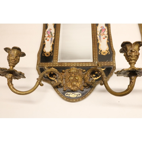 1319 - Pair of French Rococo Revival gilt metal mounted girandole mirrors, crested arched frames with recta... 