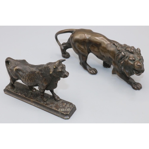 1110 - Small patinated bronze model of a standing bull on naturalistic rectangular base, indistinctly signe... 