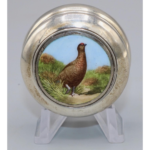 1070 - C20th hallmarked silver circular table snuff box, cover painted with a study of a Grouse in a landsc... 