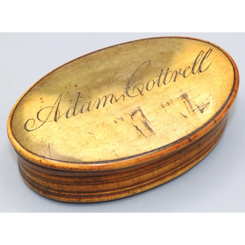 1120 - Early C19th horn oval table snuff box, cover inscribed Adam Cottrell, W10cm D6cm H2.5cm