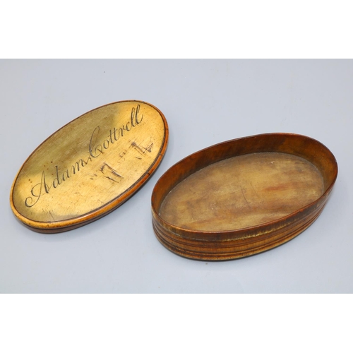 1120 - Early C19th horn oval table snuff box, cover inscribed Adam Cottrell, W10cm D6cm H2.5cm