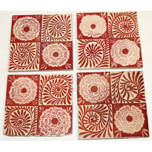 1132 - ** WITHDRAWN** Set of four William De Morgan Rose and Scroll pattern square tiles, painted in ruby l... 