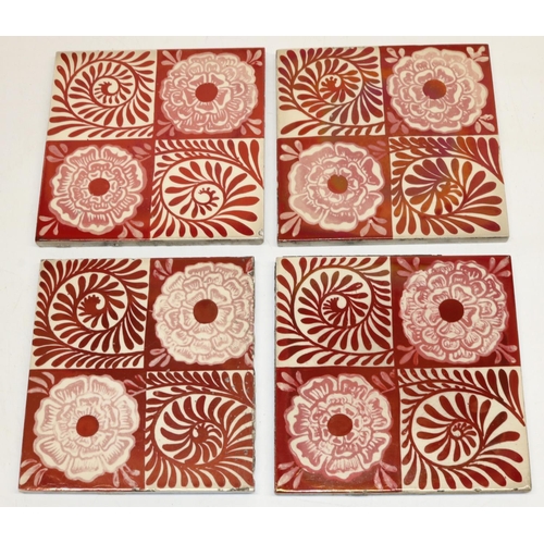 1133 - **WITHDRAWN** Set of four William De Morgan Rose and Scroll pattern square tiles, painted in ruby lu... 