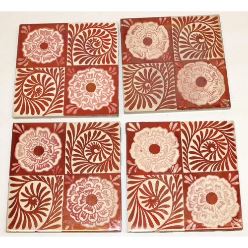 1134 - ** WITHDRAWN** Set of four William De Morgan Rose and Scroll pattern square tiles, painted in ruby l... 