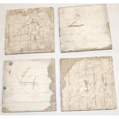 1134 - ** WITHDRAWN** Set of four William De Morgan Rose and Scroll pattern square tiles, painted in ruby l... 