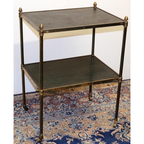 1328 - Hollywood Regency brass etagere, two gilt tooled rectangular tiers on turned supports with acorn fin... 