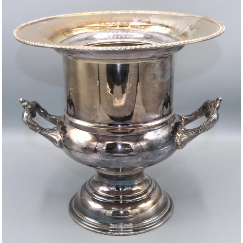 1084 - Regency style silver plated two handled urn shaped Champagne cooler, with gadrooned rim on stepped c... 