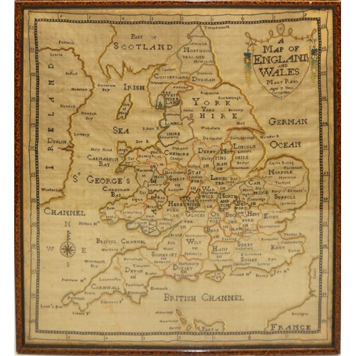 1105 - Early C19th coloured silkwork map of England and Wales by Mary Rees, aged 7 years Carmarthen, showin... 