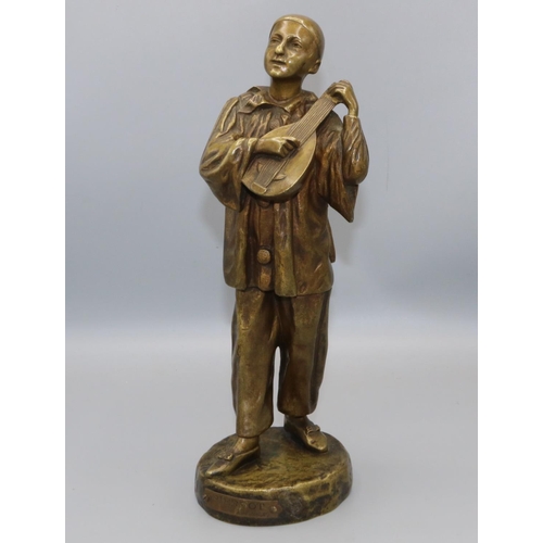 1111 - L. Lensa (French C20th); 'Pierrot' patinated bronze model of a musician, circular base, with plaque ... 