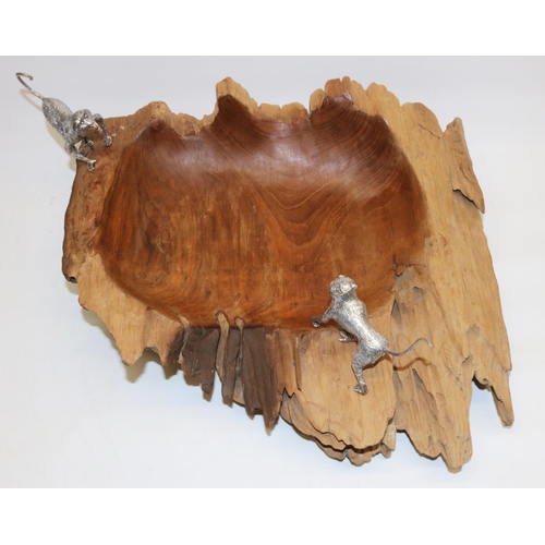 1102 - Italian polished and carved naturalistic drift wood fruit bowl, applied with two unmarked silver mod... 