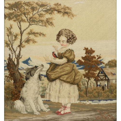 1119 - Victorian coloured woolwork study of a young girl with a bird and a dog in a garden landscape, 34cm ... 