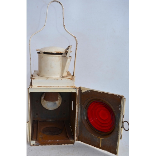 34 - Large white painted railway tail lamp, no internal burner or makers marks, stamped BR(M). With fixed... 