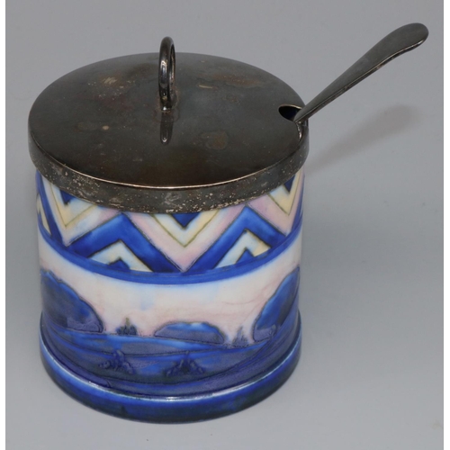 1146 - Moorcroft Pottery: Blue Dawn condiment pot, with cover and spoon, impressed marks, H8cm