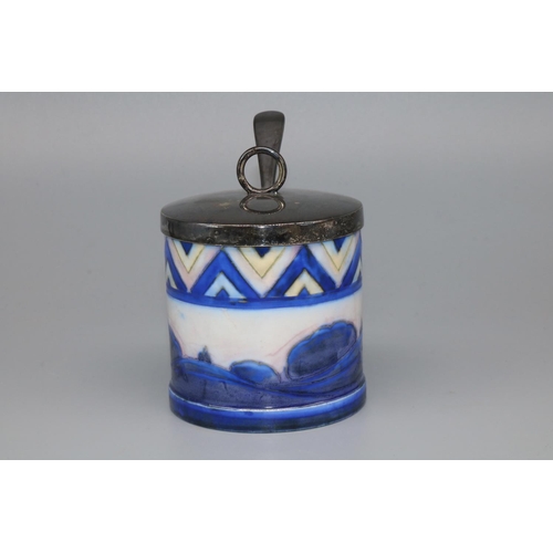 1146 - Moorcroft Pottery: Blue Dawn condiment pot, with cover and spoon, impressed marks, H8cm