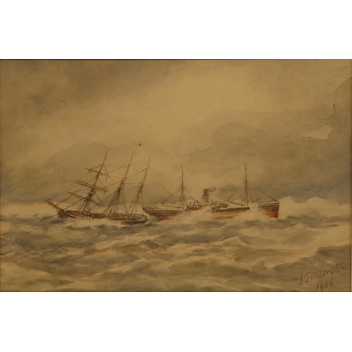 1276 - I J Allerston (British early C20th): Three masted sailing ship and a steam ship in a heavy swell, wa... 