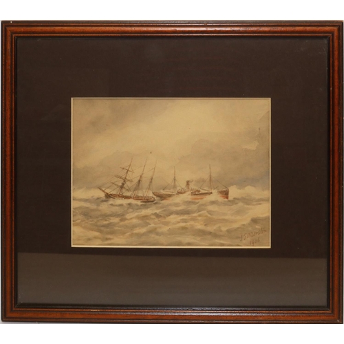 1276 - I J Allerston (British early C20th): Three masted sailing ship and a steam ship in a heavy swell, wa... 