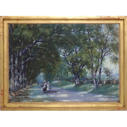 1277 - William Meldrum (Scottish 1865–1942); Mother and child walking on a wooded country road, watercolour... 