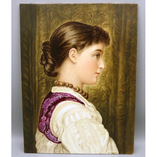 1137 - KPM style porcelain rectangular plaque painted with a portrait of a young girl, head and shoulder wi... 