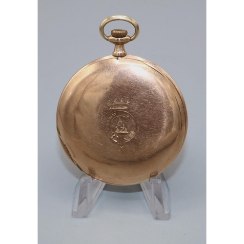 1042 - Swiss - 9ct rose gold slimline half hunter pocket watch, stepped silvered Arabic dial with outer rai... 