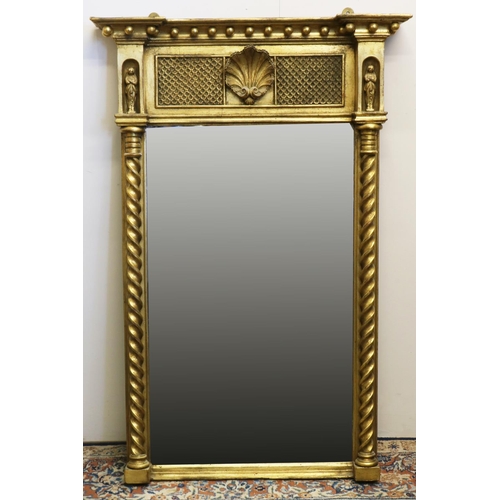 1306 - Regency giltwood pier mirror, inverted breakfront cornice with ball detail, shell and crossed frieze... 