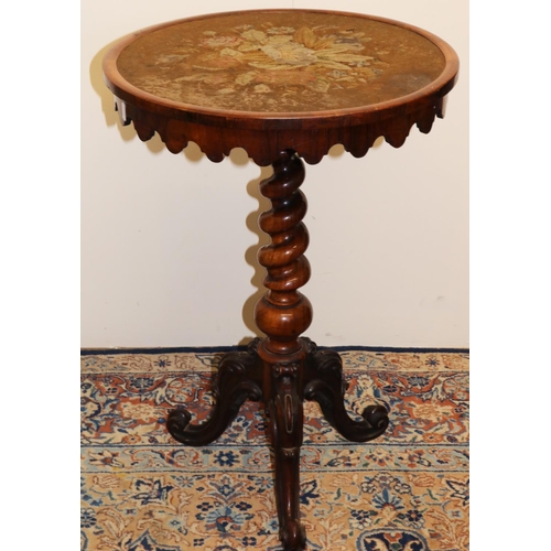 1339 - Victorian rosewood tripod table, circular tilt top with shaper frieze and inset with a coloured wool... 