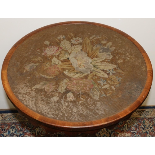 1339 - Victorian rosewood tripod table, circular tilt top with shaper frieze and inset with a coloured wool... 