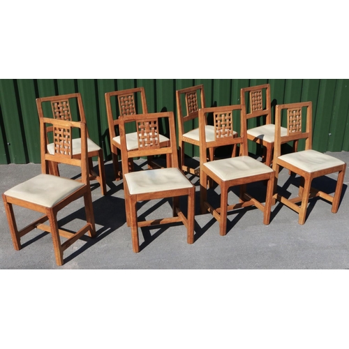 1354 - Derek Fishman Slater of Crayke - a set of eight oak dining chairs, with interlaced splats and leathe... 