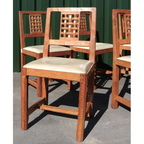 1354 - Derek Fishman Slater of Crayke - a set of eight oak dining chairs, with interlaced splats and leathe... 