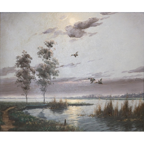 1279 - G. Brouwer (Continental C20th); Ducks in flight in a moonlit river landscape, oil on canvas, signed,... 