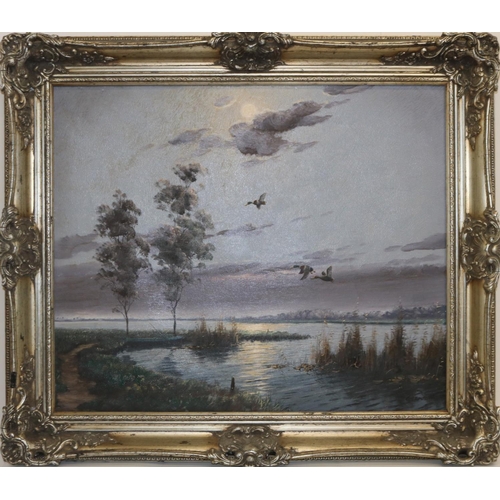 1279 - G. Brouwer (Continental C20th); Ducks in flight in a moonlit river landscape, oil on canvas, signed,... 