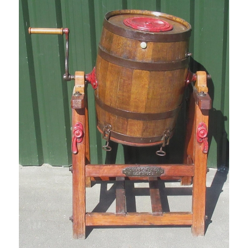 1394 - Robinson Bros. Loftus - a 3B oak butter churn, with four metal bands, on pitch pine stand, churn H60... 