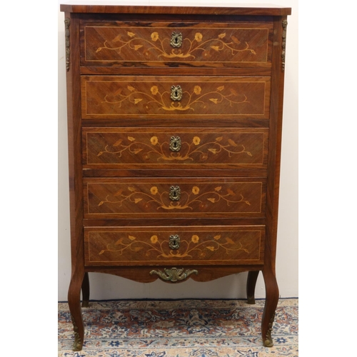 1313 - Rococo Revival kingwood and rosewood chest, top and five drawers inlaid with foliage, on angular cab... 