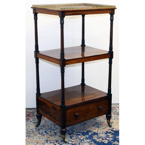 1320 - William 1V rosewood what-not, three tiers with pierced brass galleried top, on lotus carved supports... 