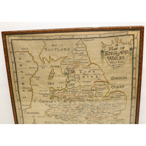 1105 - Early C19th coloured silkwork map of England and Wales by Mary Rees, aged 7 years Carmarthen, showin... 