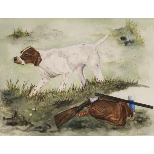 1280 - P. Moneta (C20th); Pointer with gun, bag and flask in a landscape, watercolour, signed, 30cm x 39cm