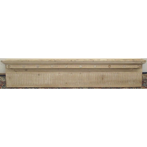 1397 - Stripped pine rectangular mantel or lintel, with moulded and draught turned top and arcade carved fr... 