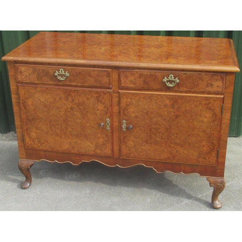 1335 - Maple & Co. Queen Anne style burr and herring banded walnut side cabinet with moulded top above two ... 