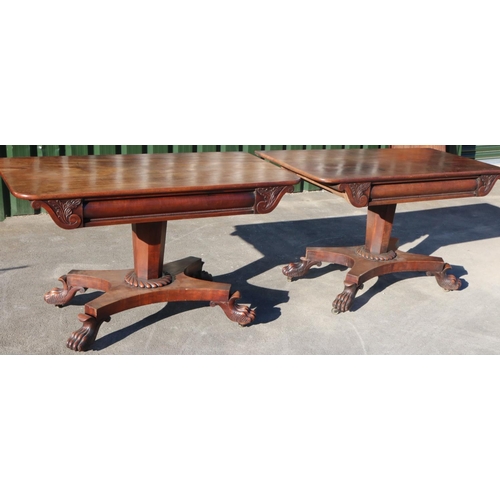 1307 - Unusual C19th mahogany extending dining table, two side table ends with swivel tops on faceted taper... 