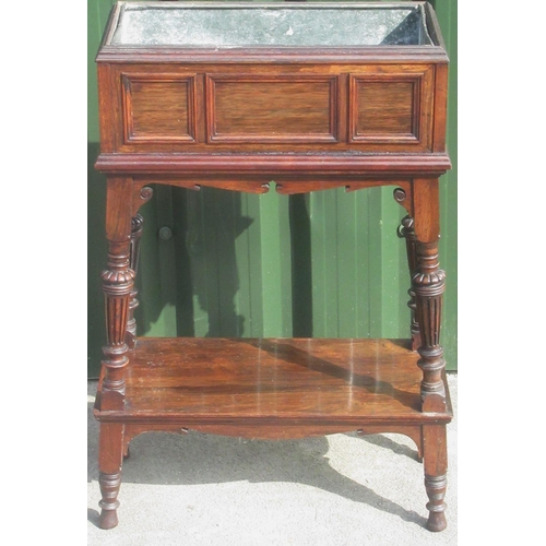 1318 - Victorian rosewood rectangular jardiniere, panelled top with tin liner and shaped frieze on lobed fl... 