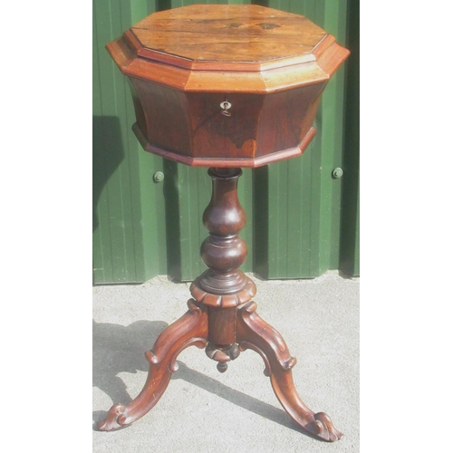 1325 - Victorian rosewood tripod teapoy, decagonal hinged top with two caddies bowls, on vase turned column... 