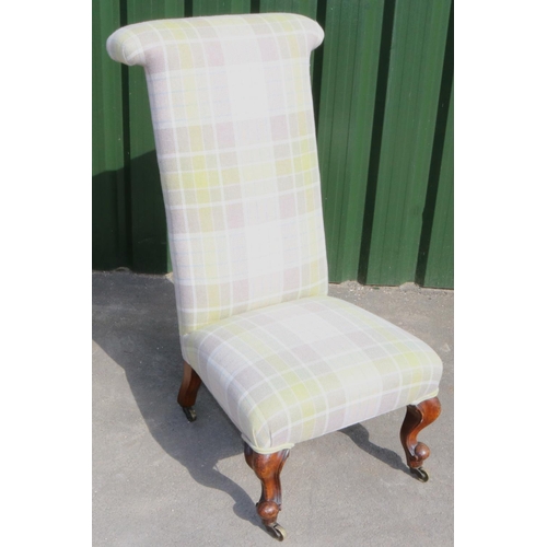 1340 - Victorian pre-dieu chair, upholstered in grey and green tartan fabric, on cabriole legs