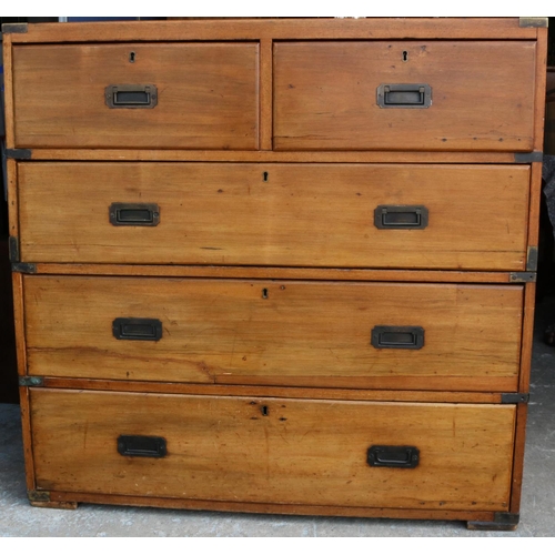 1323 - C19th brass bound mahogany two part campaign chest of two short and three long drawers with recessed... 