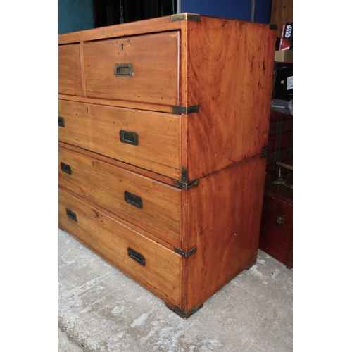 1323 - C19th brass bound mahogany two part campaign chest of two short and three long drawers with recessed... 