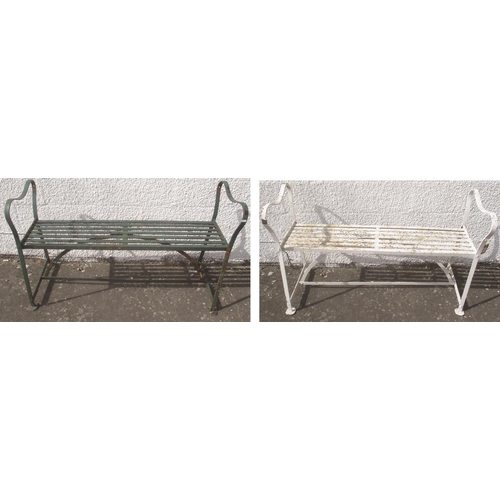 1386 - Pair of Regency painted metal strapwork benches, with curved arms and slatted seats on outsplayed su... 