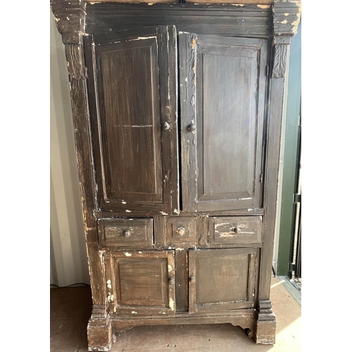 1308 - C19th country made painted pine cupboard, with two panel doors, two real and one faux drawers above ... 